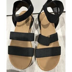 Skechers Luxe‎ Foam Sandals Size 8 Boho Cork Wedge Heel Black Stretchy Straps